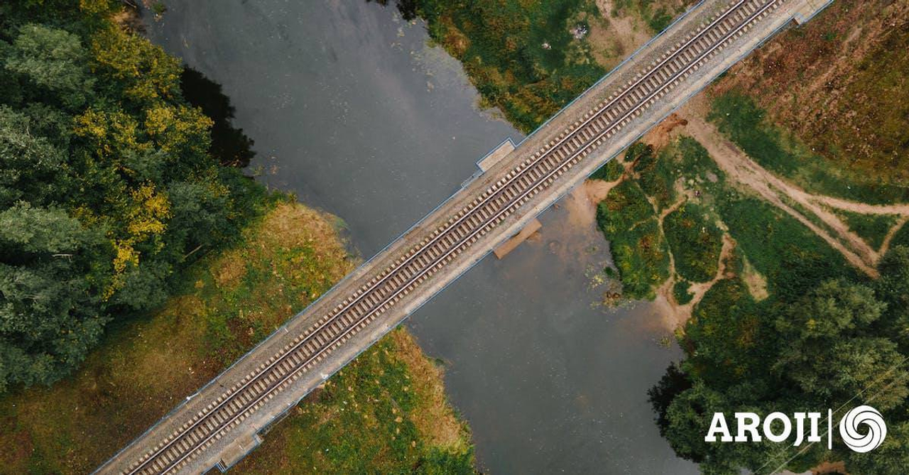 Aerial Footage of Train Tracks over Water Canal